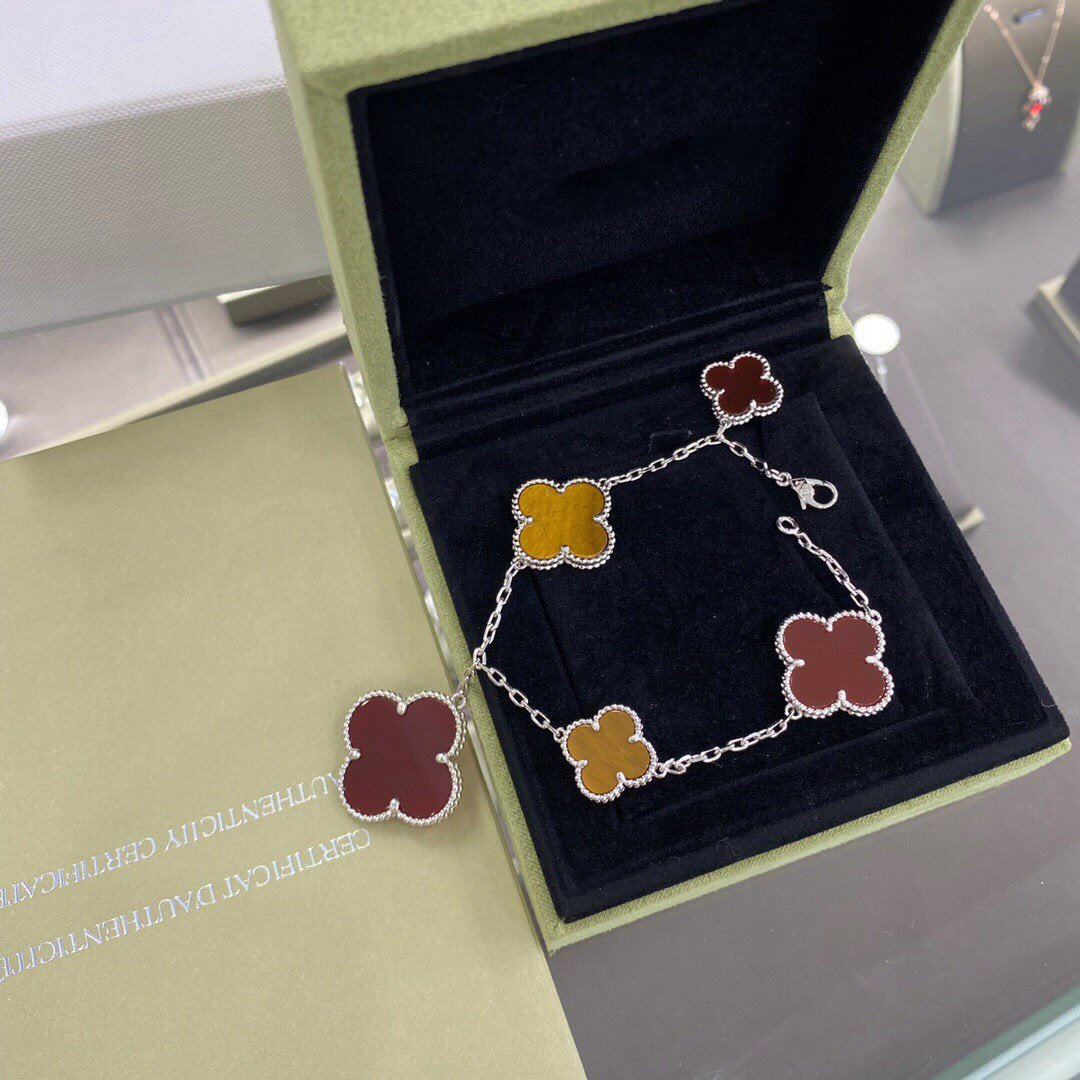 [Rose Jewelrys]CLOVER 5 MOTIFS SIVLER CARNELIAN TIGER EYE BRACELET