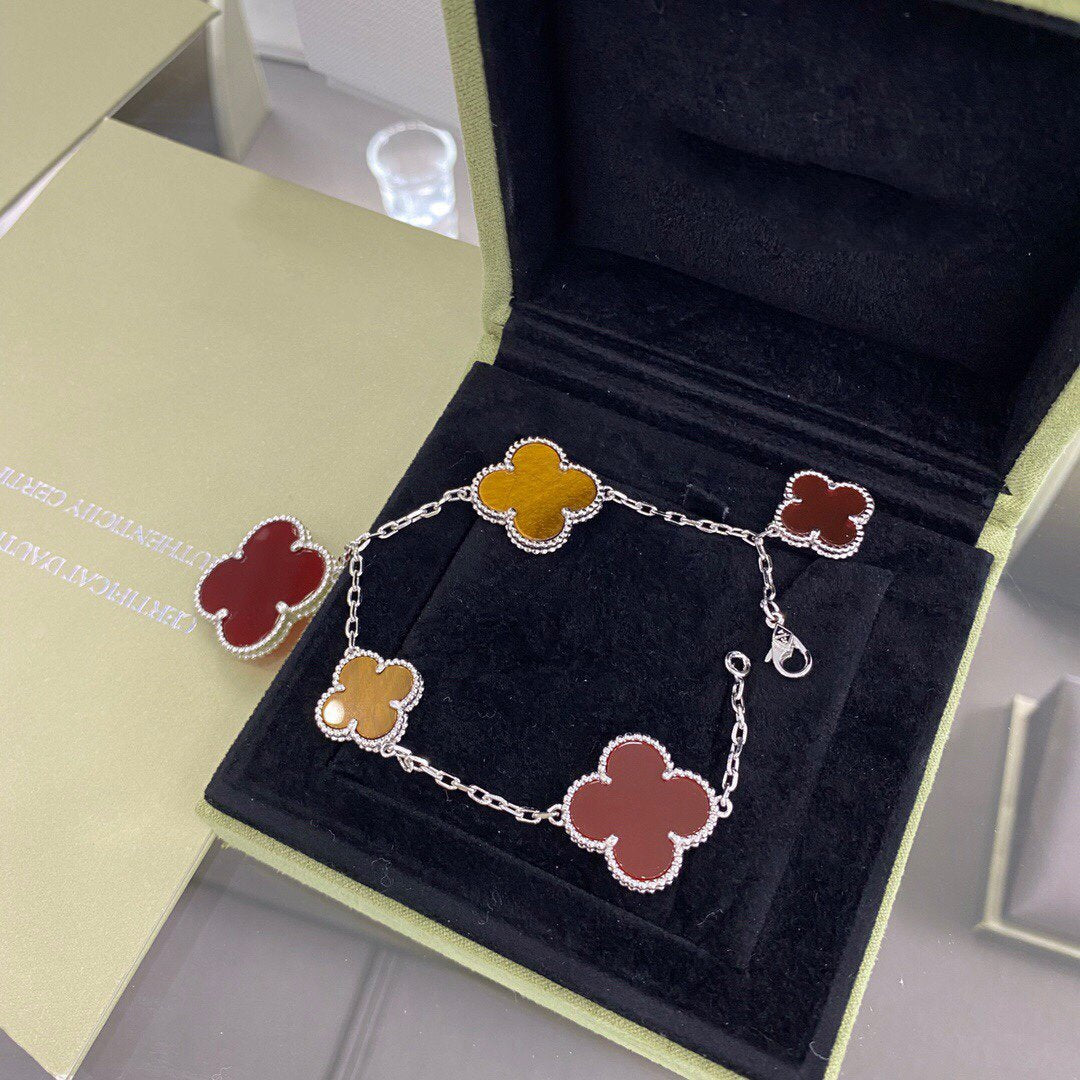 [Rose Jewelrys]CLOVER 5 MOTIFS SIVLER CARNELIAN TIGER EYE BRACELET