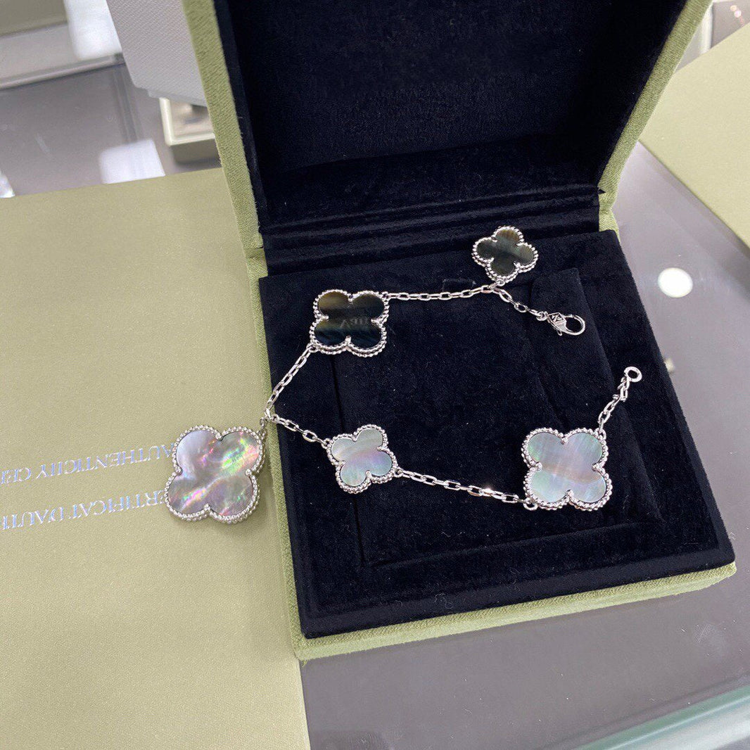 [🌹Rose💎]CLOVER 5 MOTIFS SIVLER DARK MOP BRACELET