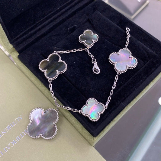 [Rose Jewelrys]CLOVER 5 MOTIFS SIVLER DARK MOP BRACELET