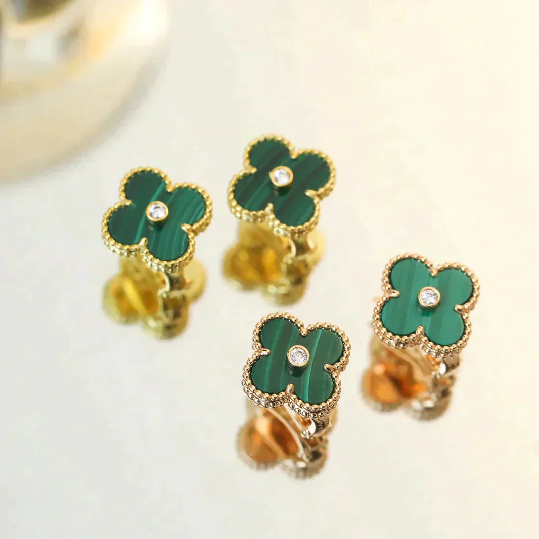 [🌹Rose💎]CLOVER MEDIUM 1 MOTIFS MALACHITE DIAMOND EARRINGS