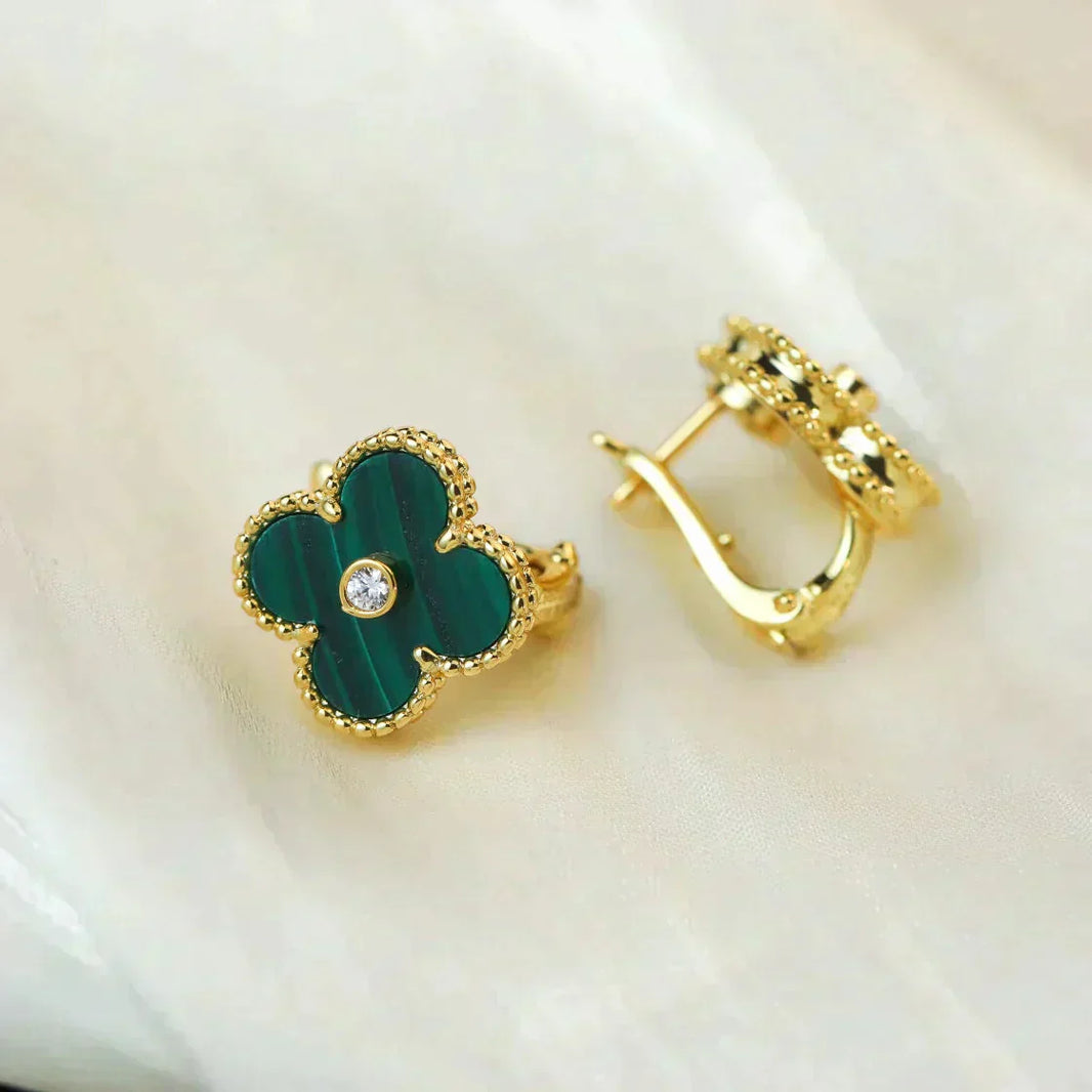 [🌹Rose💎]CLOVER MEDIUM 1 MOTIFS MALACHITE DIAMOND EARRINGS