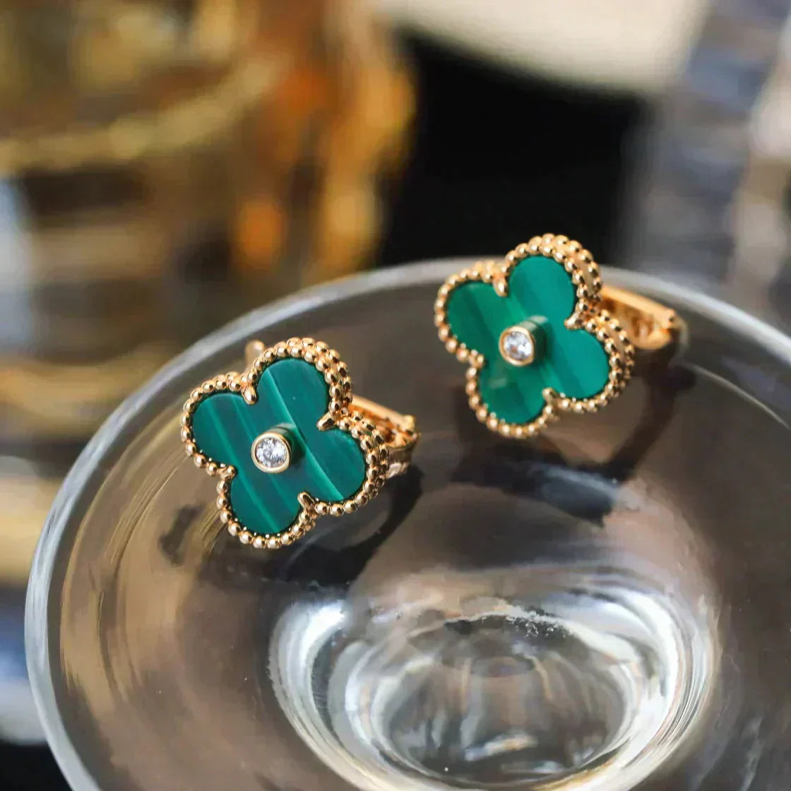 [Rose Jewelrys]CLOVER MEDIUM 1 MOTIFS MALACHITE DIAMOND EARRINGS