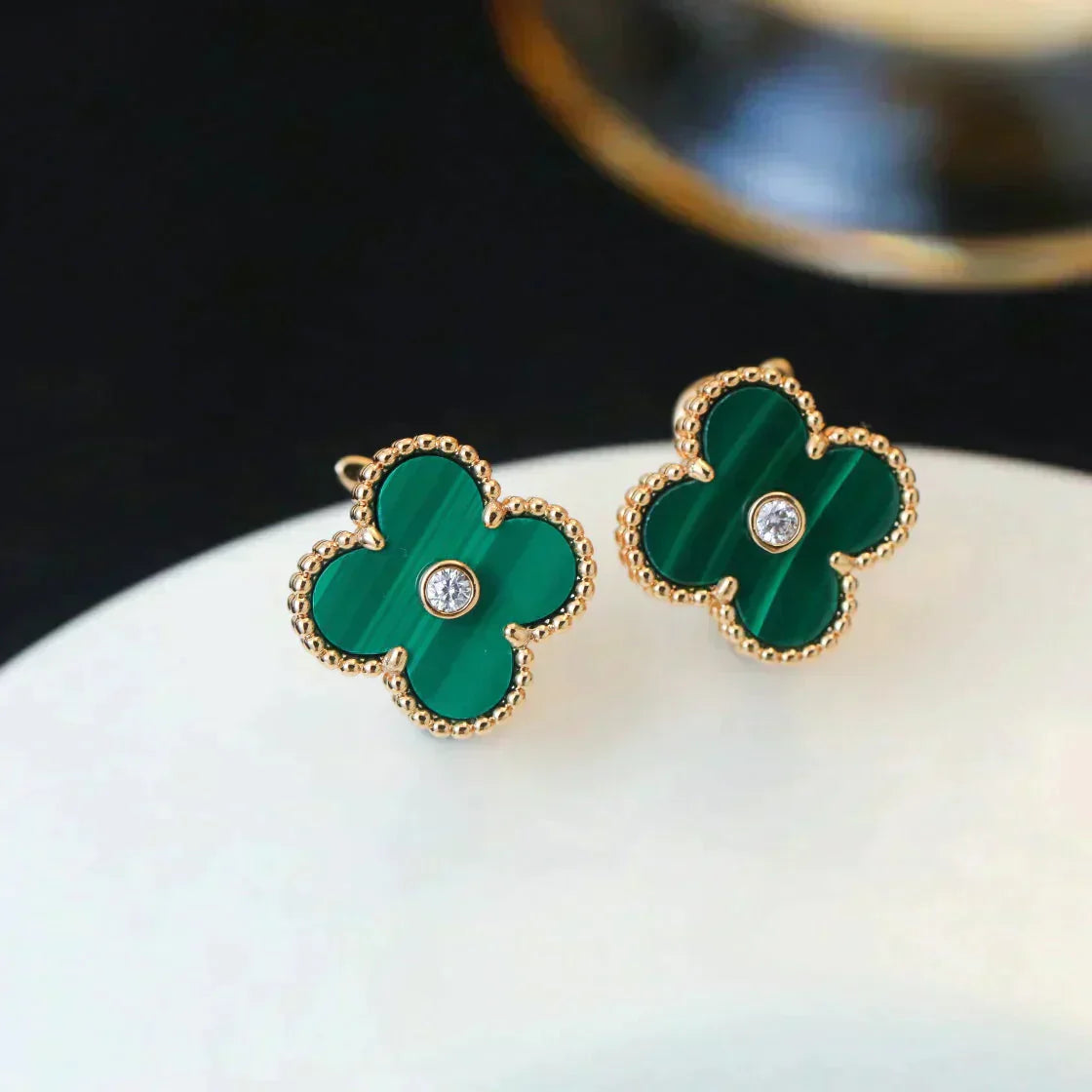[Rose Jewelrys]CLOVER MEDIUM 1 MOTIFS MALACHITE DIAMOND EARRINGS