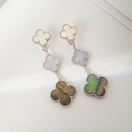 [🌹Rose💎]CLOVER 3 MOTIFS CHALCEDONY DARK MOP SILVER EARRINGS