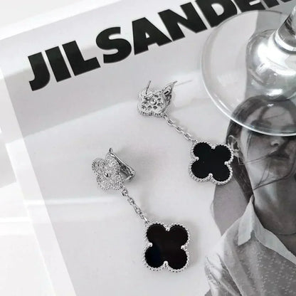 []CLOVER 2 MOTIFS  DIAMOND ONYX EARRINGS SILVER