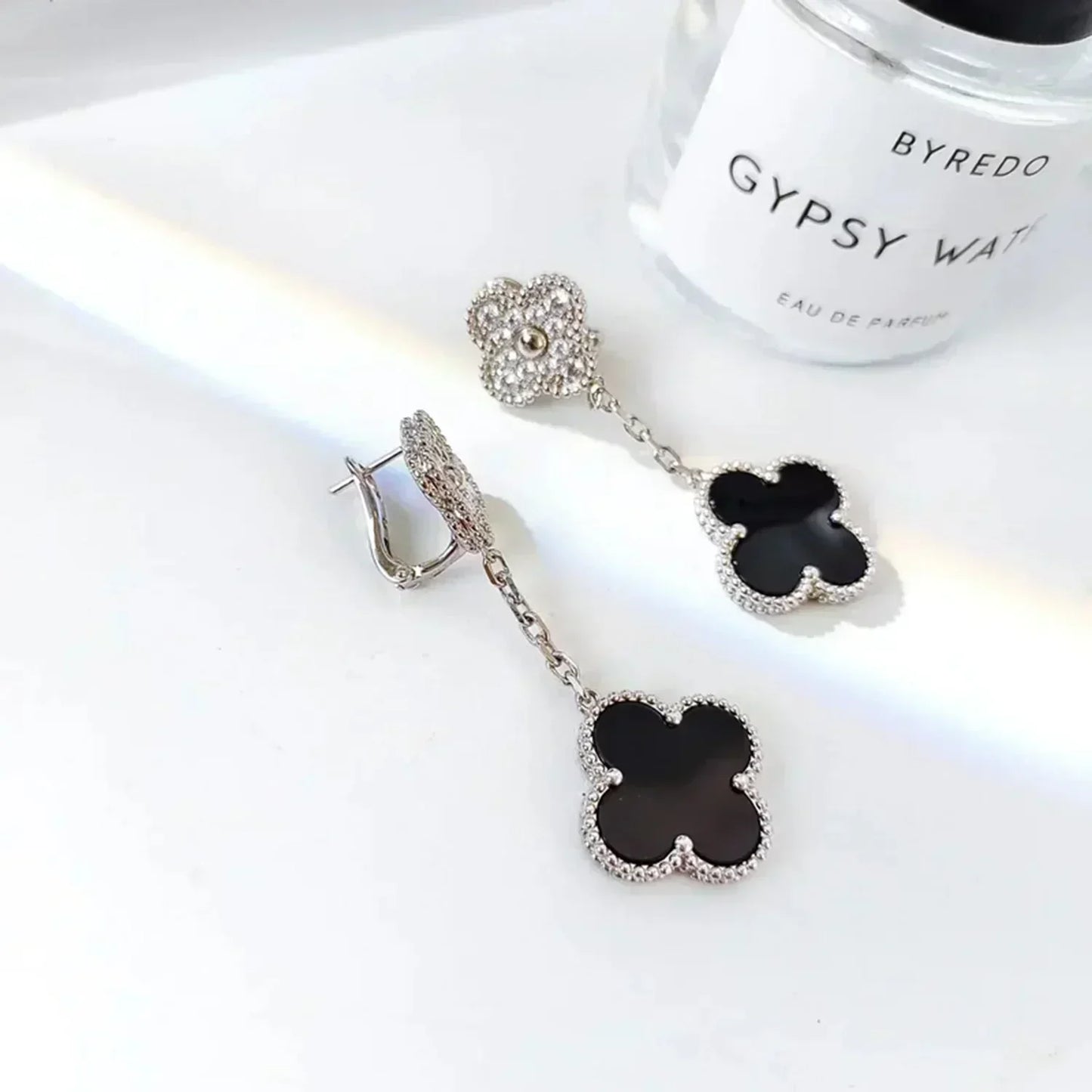 [Rose Jewelrys]CLOVER 2 MOTIFS  DIAMOND ONYX EARRINGS SILVER
