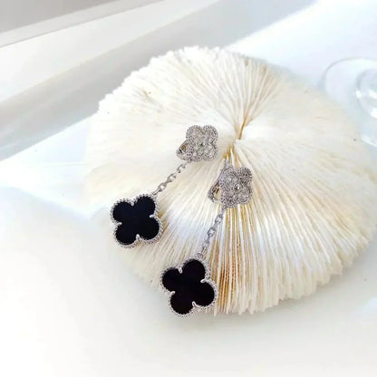 []CLOVER 2 MOTIFS  DIAMOND ONYX EARRINGS SILVER