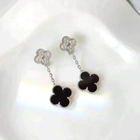 [🌹Rose💎]CLOVER 2 MOTIFS  DIAMOND ONYX EARRINGS SILVER