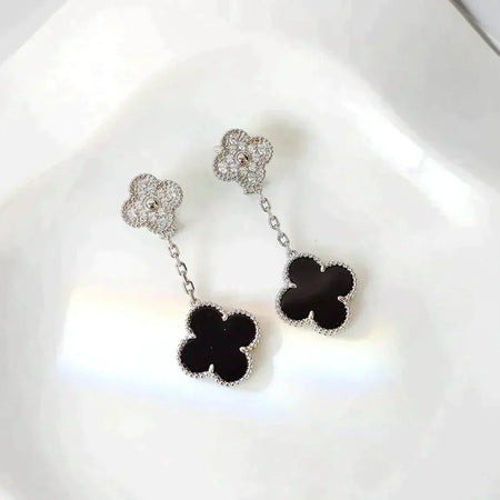 [🌹Rose💎]CLOVER 2 MOTIFS  DIAMOND ONYX EARRINGS SILVER
