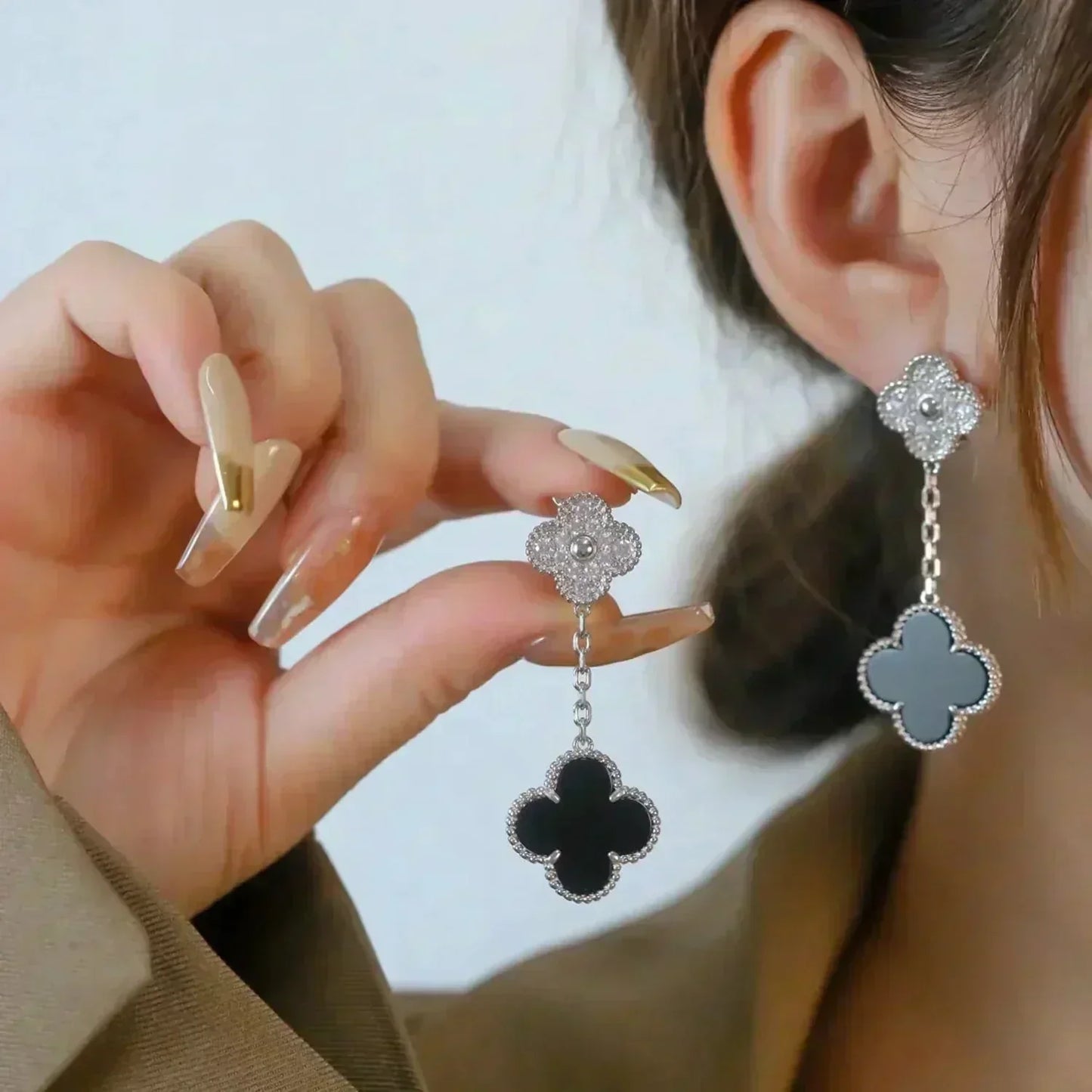 [Rose Jewelrys]CLOVER 2 MOTIFS  DIAMOND ONYX EARRINGS SILVER
