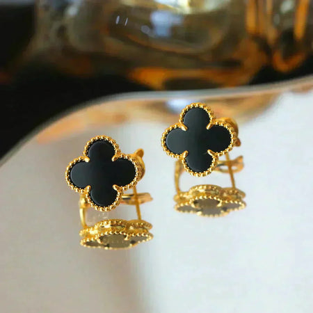 [🌹Rose💎]CLOVER MEDIUM 1 MOTIFS  ONYX STUD EARRINGS
