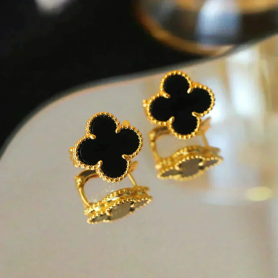 [Rose Jewelrys]CLOVER MEDIUM 1 MOTIFS  ONYX STUD EARRINGS