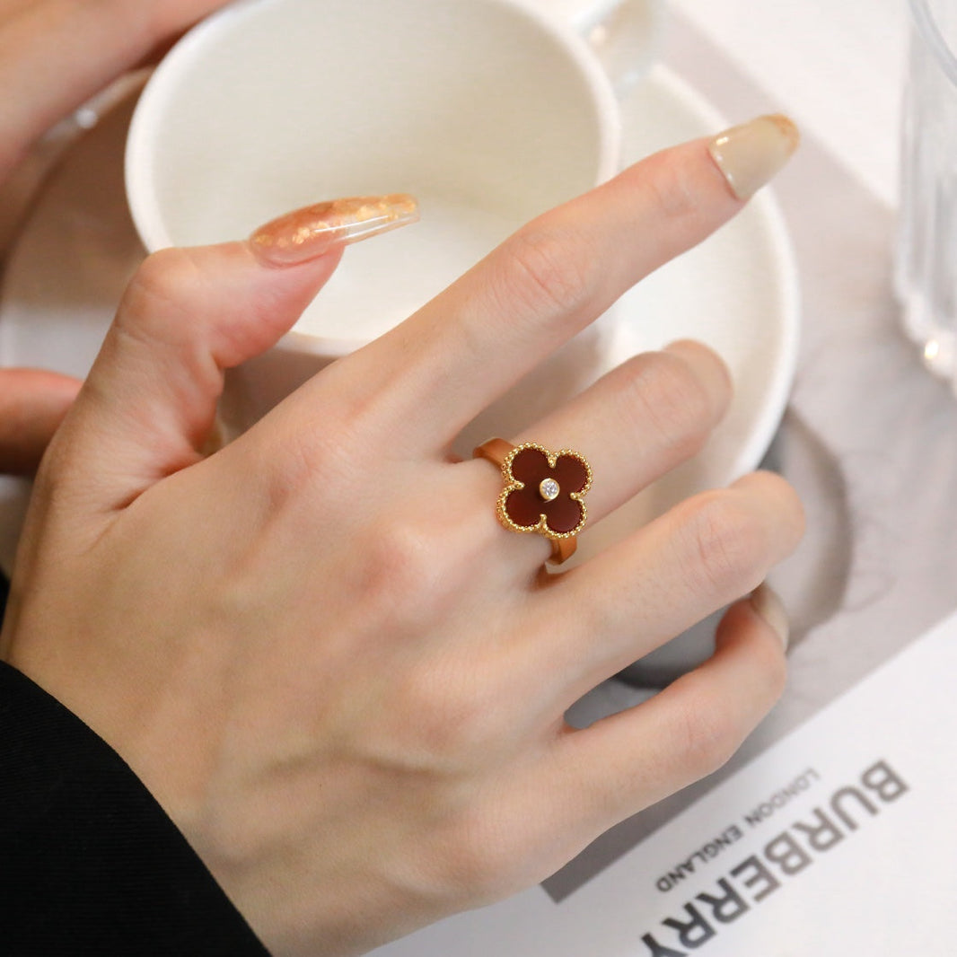 [🌹Rose💎]CLOVER CARNELIAN RING ROSE GOLD DIAMOND