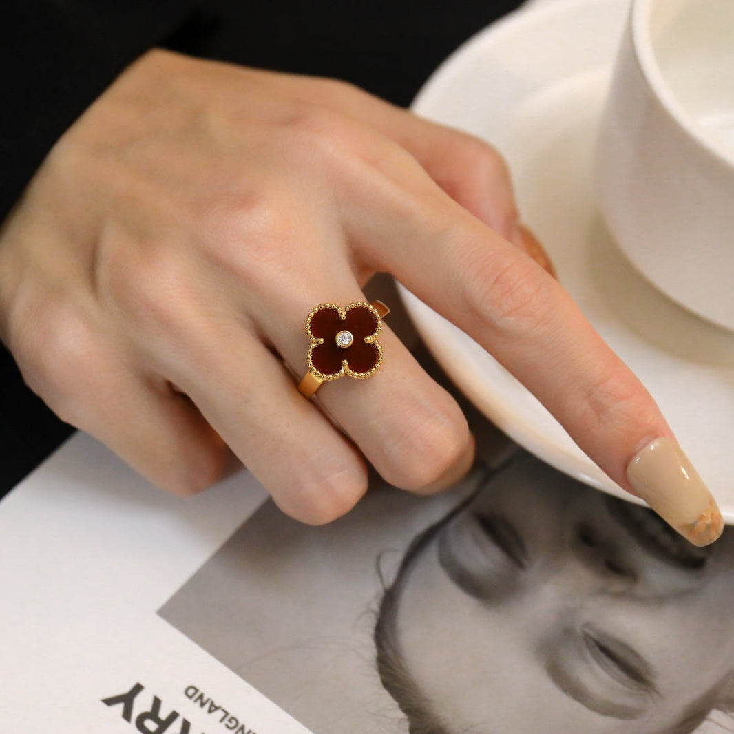 [🌹Rose💎]CLOVER CARNELIAN RING ROSE GOLD DIAMOND