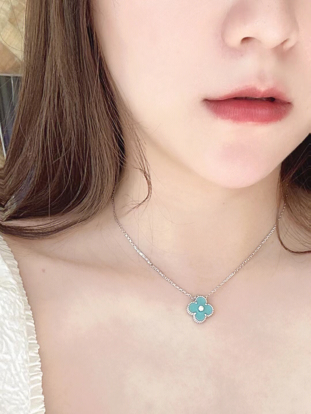 [Rose Jewelrys]CLOVER 1 DIAMOND LIGHT BLUE SILVER NECKLACE