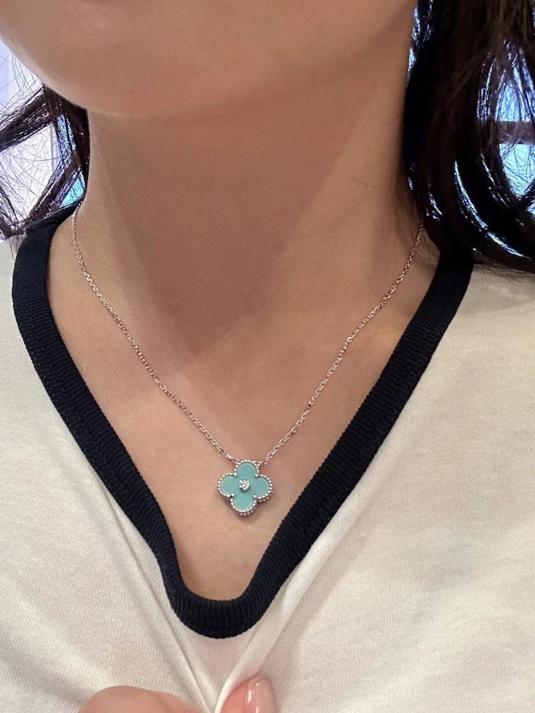 [Rose Jewelrys]CLOVER 1 DIAMOND LIGHT BLUE SILVER NECKLACE
