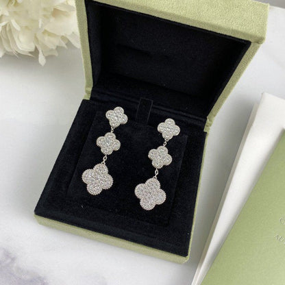 []CLOVER 3 MOTIF DIAMOND SILVER DROP EARRINGS