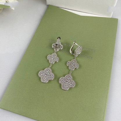 []CLOVER 3 MOTIF DIAMOND SILVER DROP EARRINGS