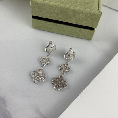 []CLOVER 3 MOTIF DIAMOND SILVER DROP EARRINGS