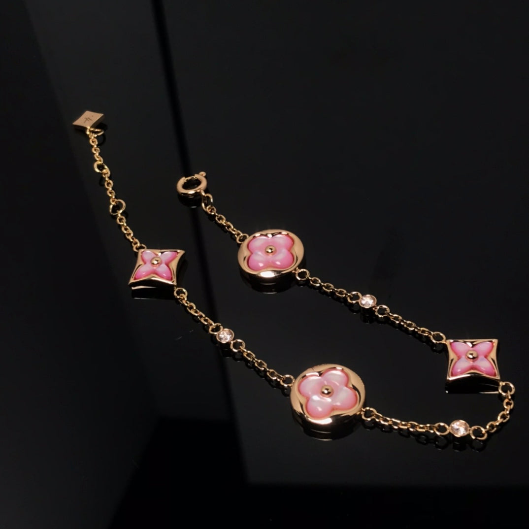 [Rose Jewelrys]STAR AND SUN 4 MOTIF PINK MOP PINK GOLD BRACELET