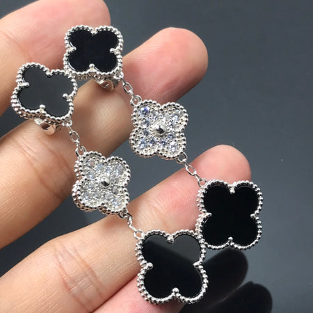[🌹Rose💎]CLOVER 3 MOTIF DIAMOND ONYX SILVER EARRINGS