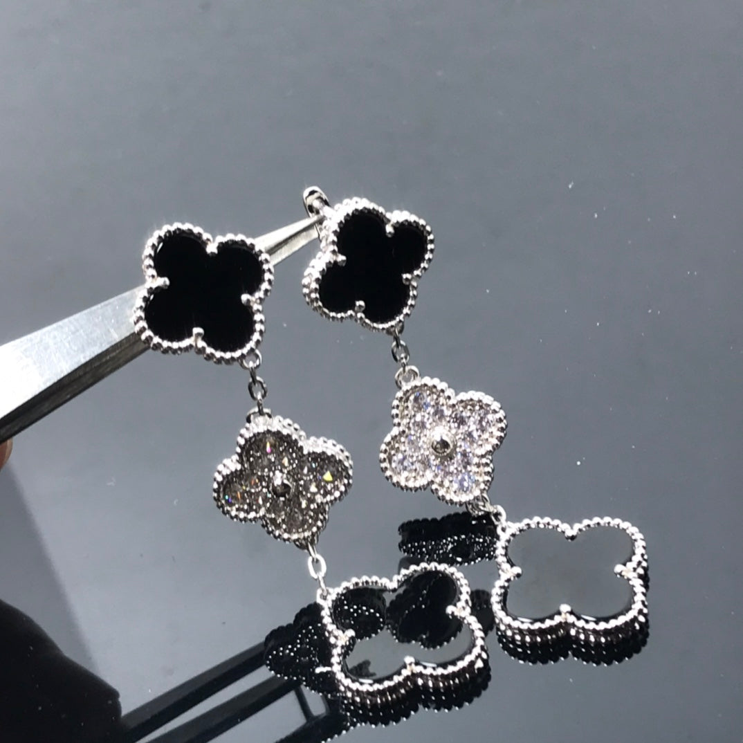 [Rose Jewelrys]CLOVER 3 MOTIF DIAMOND ONYX SILVER EARRINGS