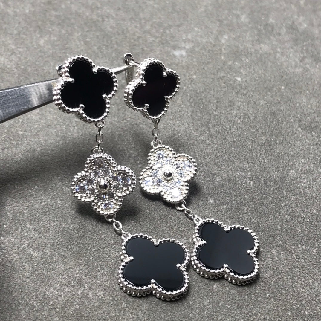 [Rose Jewelrys]CLOVER 3 MOTIF DIAMOND ONYX SILVER EARRINGS