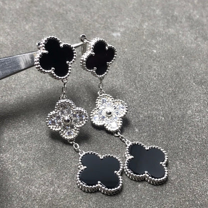 [Rose Jewelrys]CLOVER 3 MOTIF DIAMOND ONYX SILVER EARRINGS