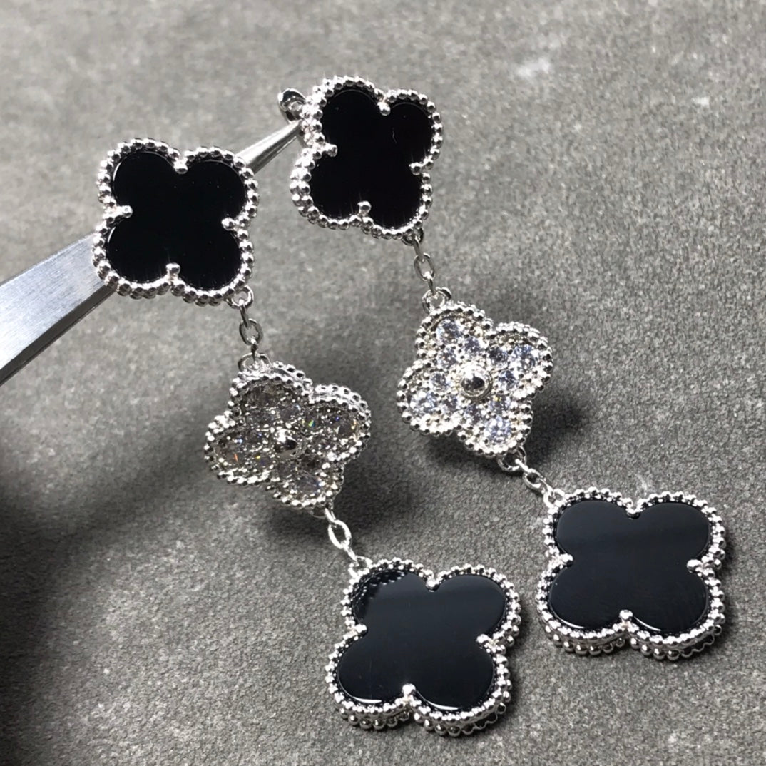[Rose Jewelrys]CLOVER 3 MOTIF DIAMOND ONYX SILVER EARRINGS