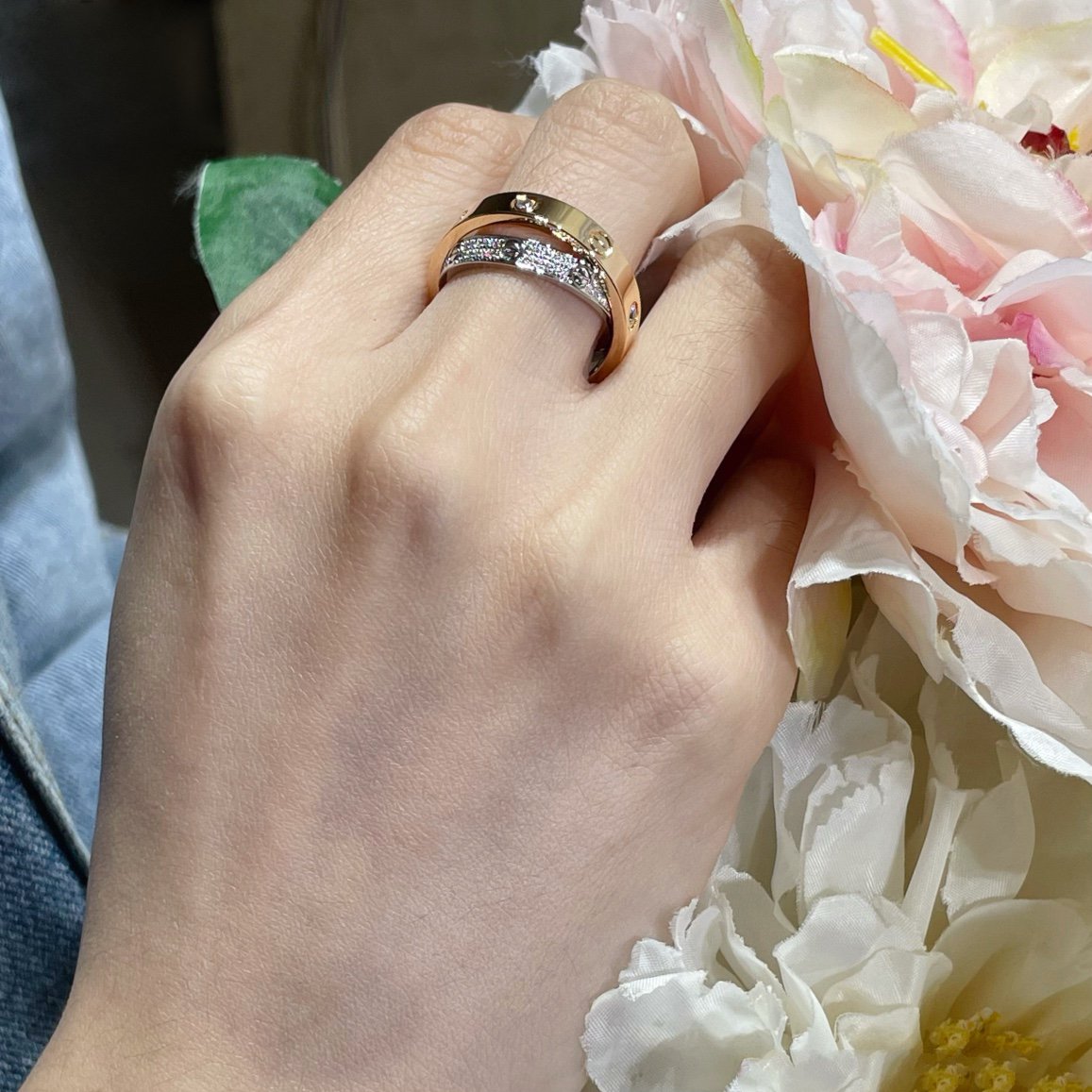 [Rose Jewelrys]LOVE PINK GOLD SILVER DIAMOND DOUBLE RING