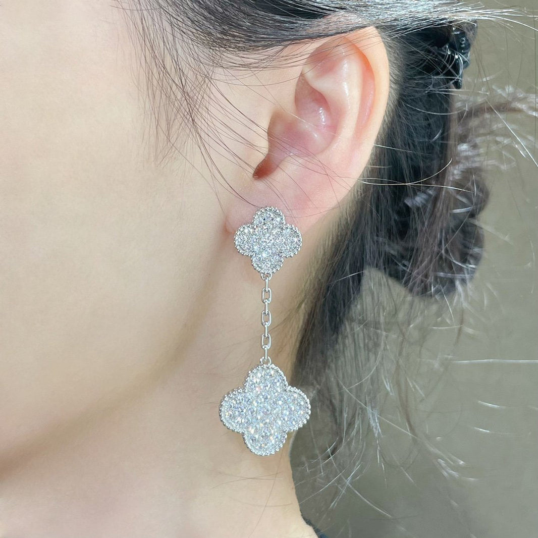 [🌹Rose💎]CLOVER 2 MOTIFS DIAMOND PAVED SILVER EARRINGS
