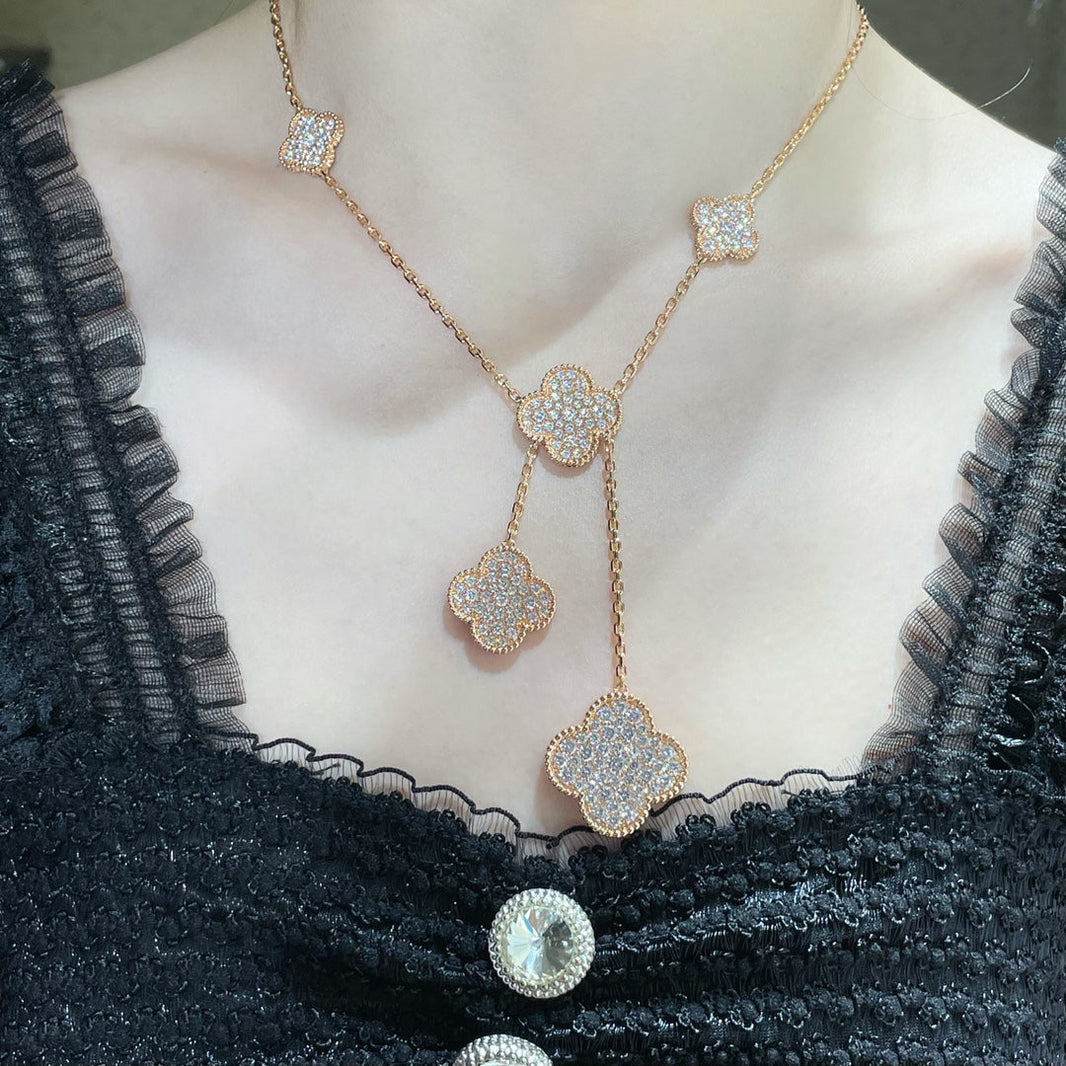 [🌹Rose💎]CLOVER 6 MOTIF DIAMOND PAVED NECKLACE