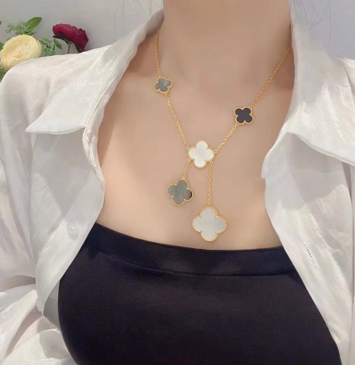 [Rose Jewelrys]CLOVER 6 MOTIF MOP ONYX GOLD NECKLACE