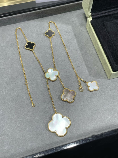 [Rose Jewelrys]CLOVER 6 MOTIF MOP ONYX GOLD NECKLACE