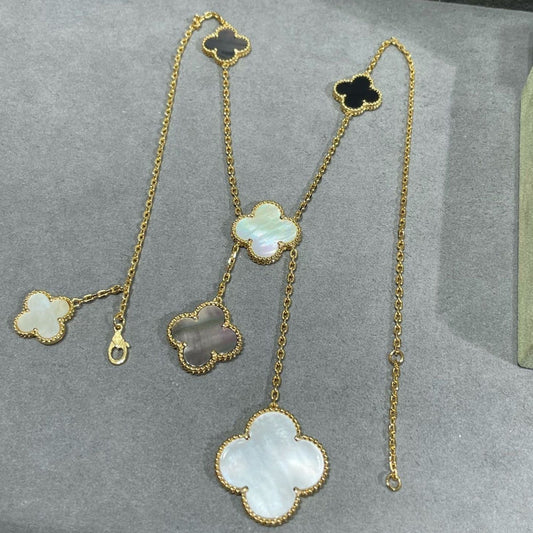 [Rose Jewelrys]CLOVER 6 MOTIF MOP ONYX GOLD NECKLACE