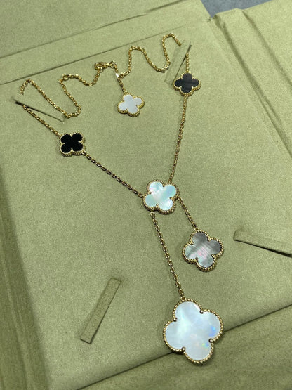 [Rose Jewelrys]CLOVER 6 MOTIF MOP ONYX GOLD NECKLACE