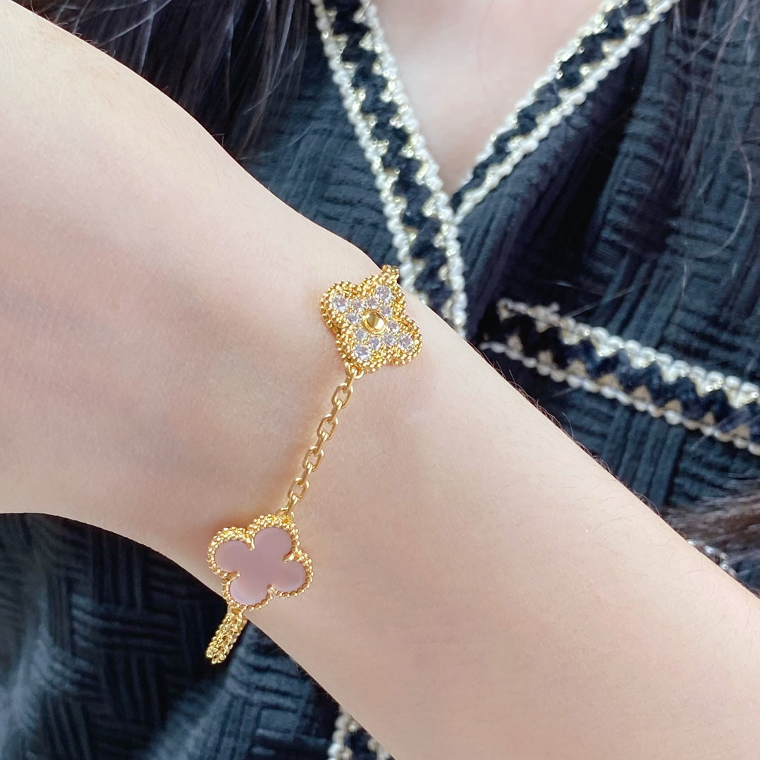 [Rose Jewelrys]CLOVER 5 MOTIF DIAMOND PINK MOP PINK GOLD BRACELET