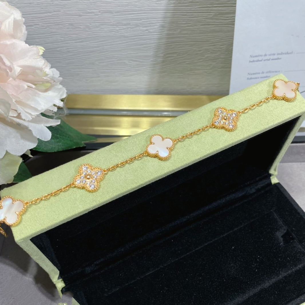 [🌹Rose💎]CLOVER 5 MOTIF DIAMOND PINK MOP PINK GOLD BRACELET
