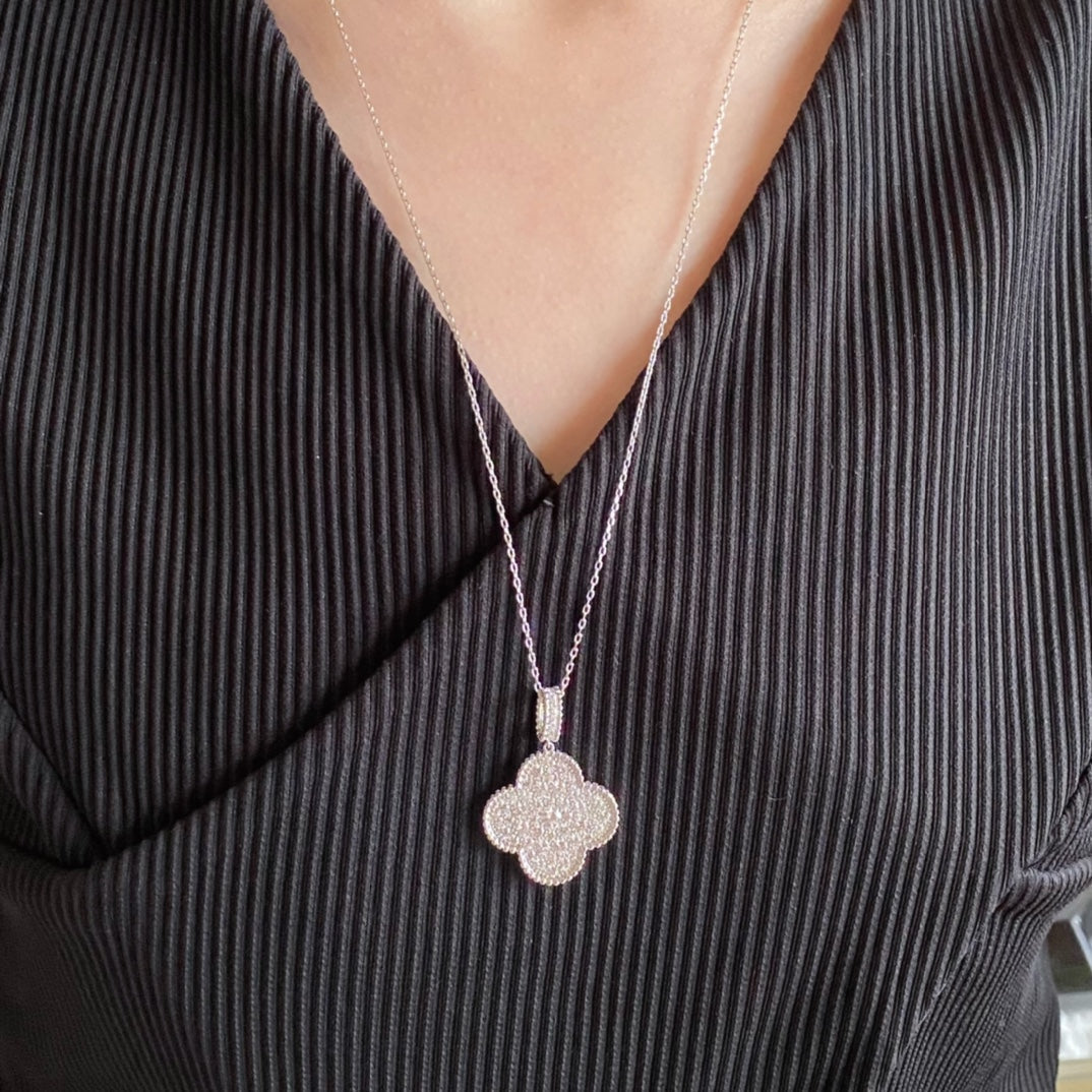 [Rose Jewelrys]CLOVER 25MM LARGE PEDANT DIAMOND PAVED LONG NECKLACE