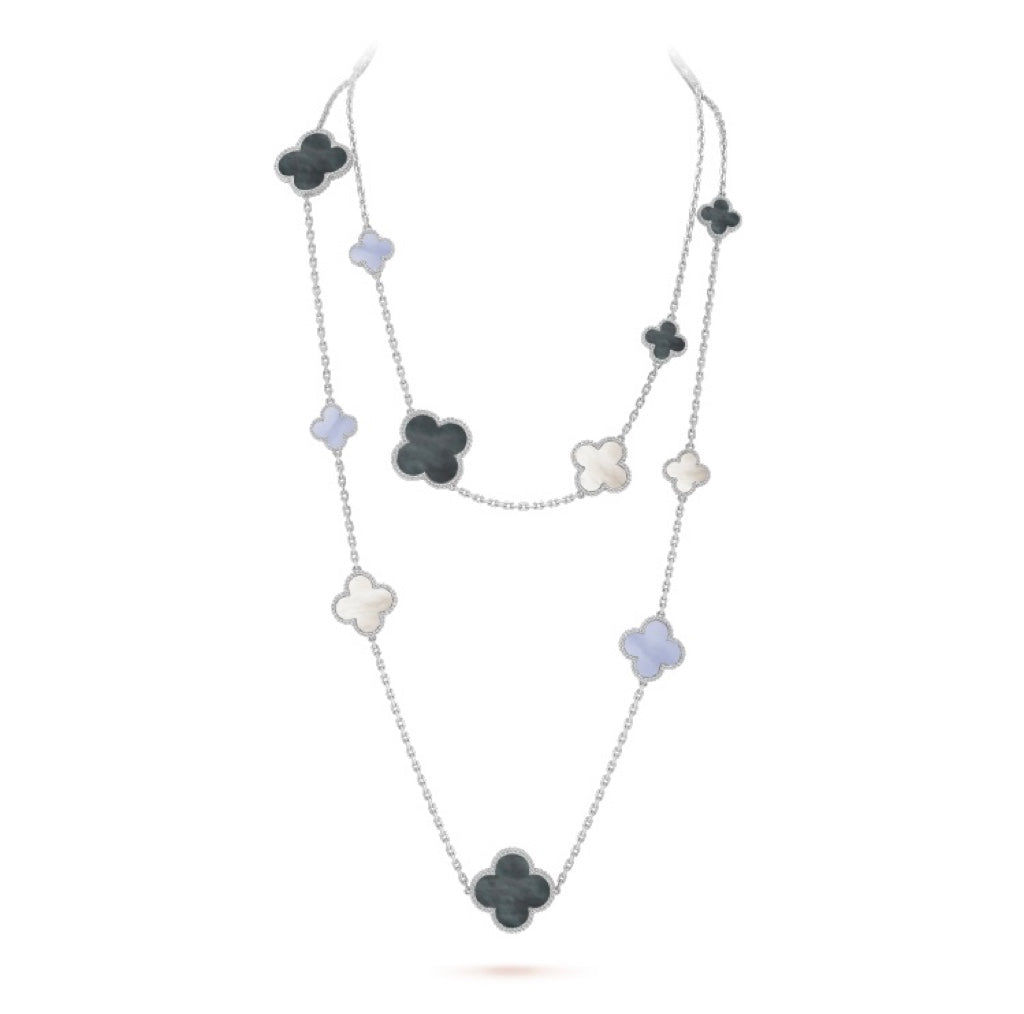 [🌹Rose💎]CLOVER 16 MOTIF CHALCEDONY MOP SILVER NECKLACE
