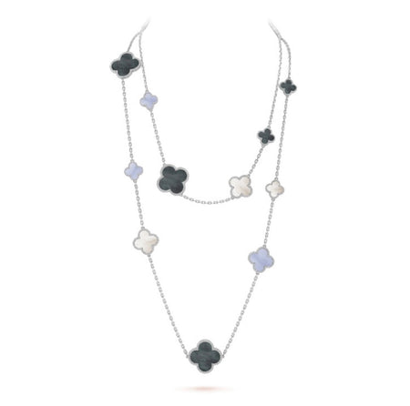 [🌹Rose💎]CLOVER 16 MOTIF CHALCEDONY MOP SILVER NECKLACE