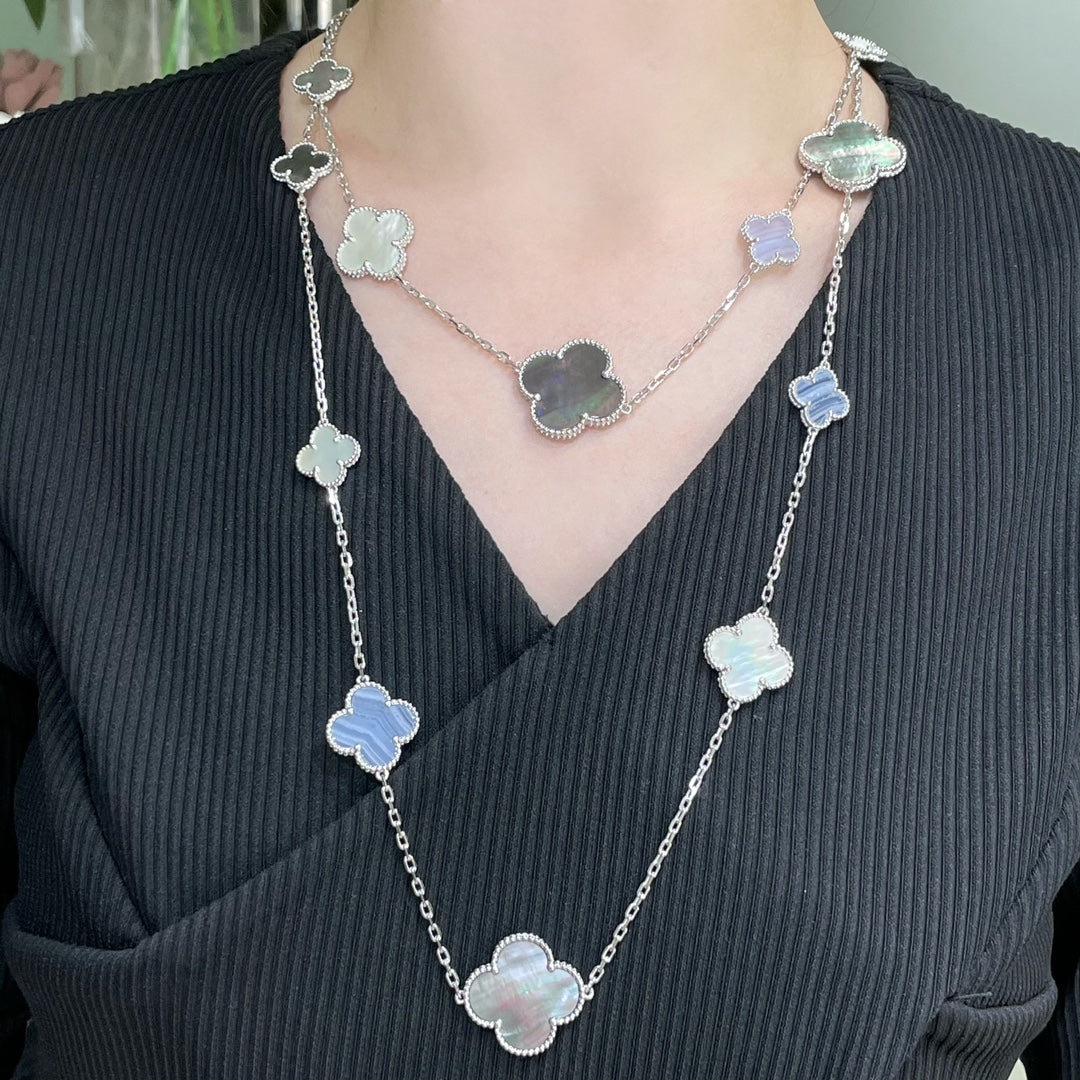 [Rose Jewelrys]CLOVER 16 MOTIF CHALCEDONY MOP SILVER NECKLACE