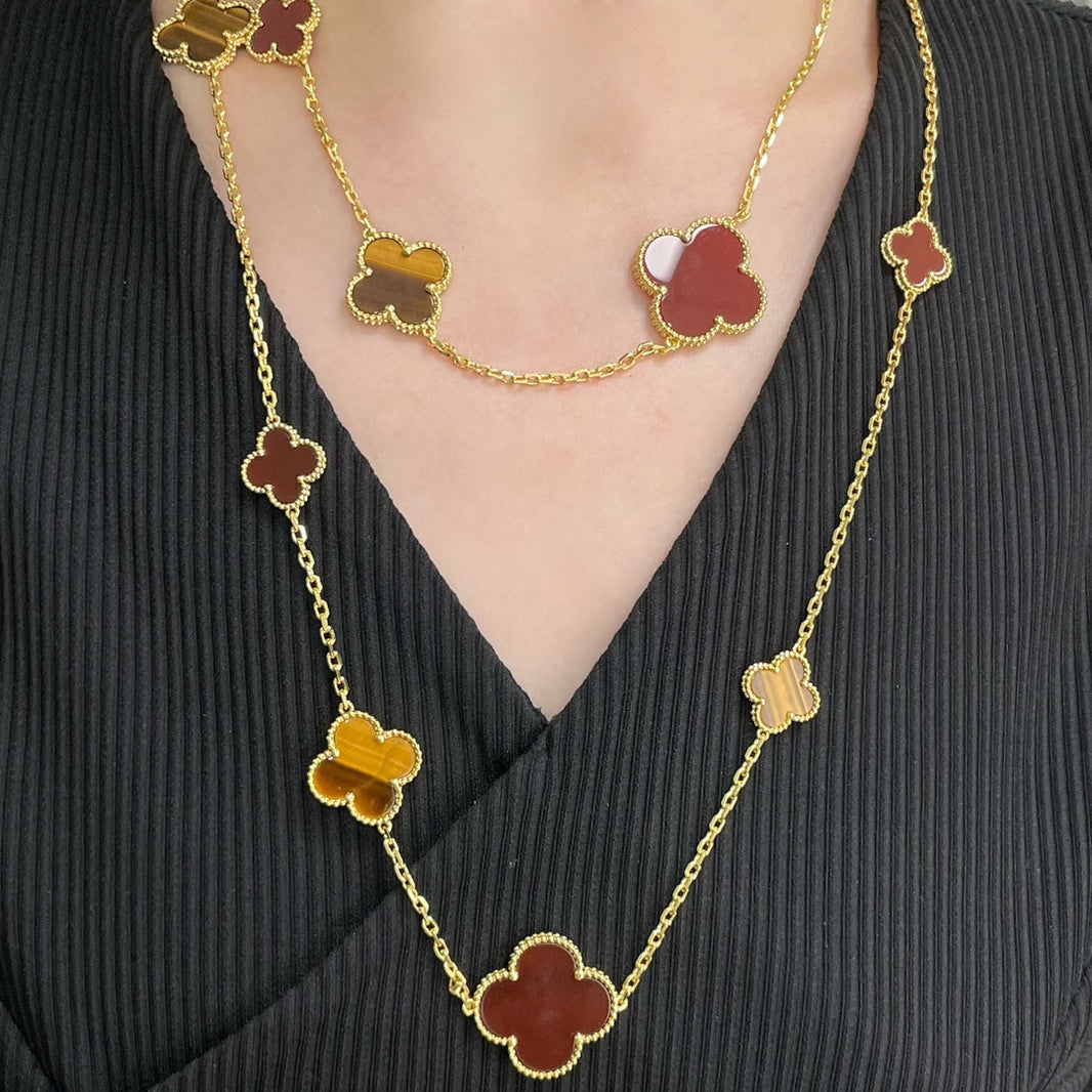 [🌹Rose💎]CLOVER 16 MOTIF CARNELIAN TIGER EYE ROSE GOLD NECKLACE