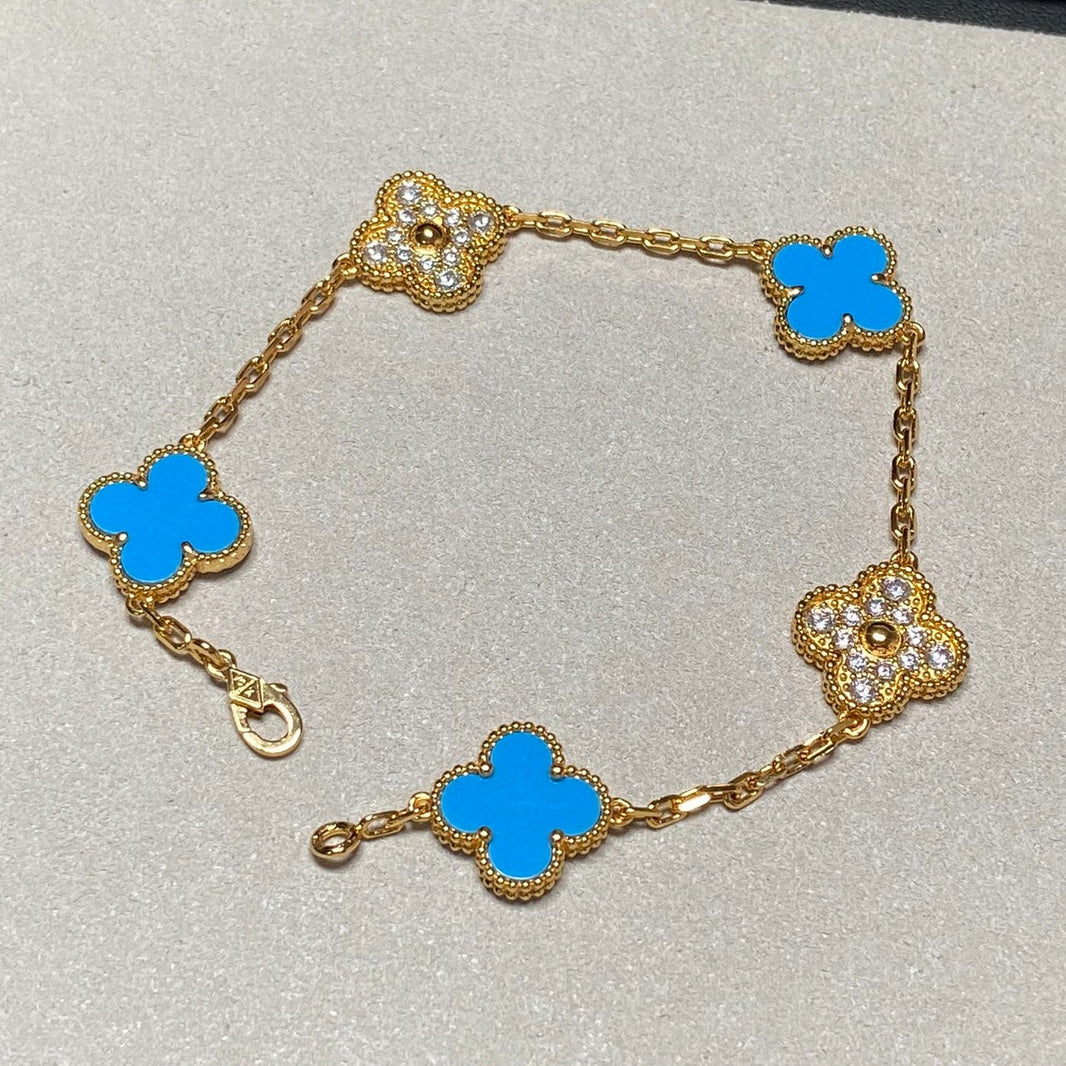 [🌹Rose💎]CLOVER 5 MOTIF BLUE CHALCEDONY DIAMOND GOLD BRACELET