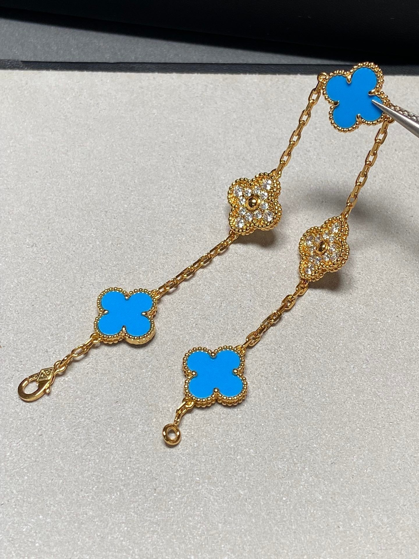 [Rose Jewelrys]CLOVER 5 MOTIF BLUE CHALCEDONY DIAMOND GOLD BRACELET