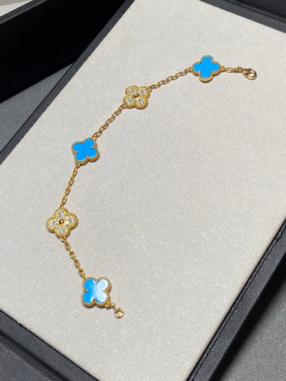 [Rose Jewelrys]CLOVER 5 MOTIF BLUE CHALCEDONY DIAMOND GOLD BRACELET
