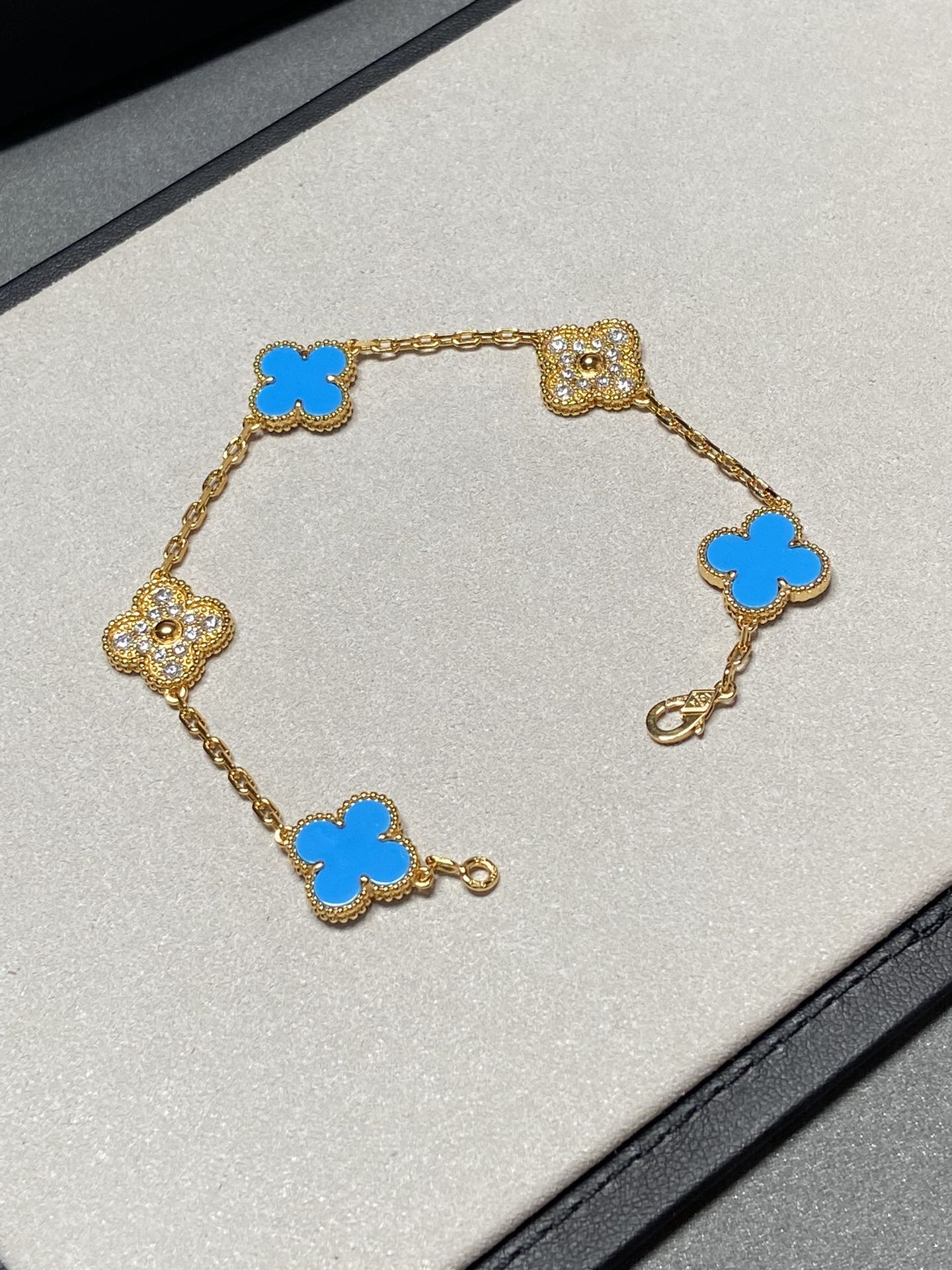 [Rose Jewelrys]CLOVER 5 MOTIF BLUE CHALCEDONY DIAMOND GOLD BRACELET