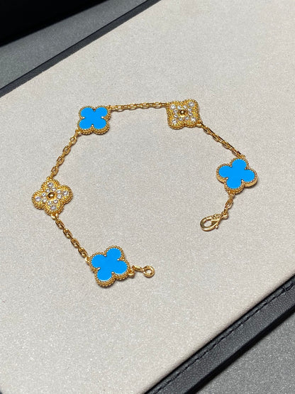 [Rose Jewelrys]CLOVER 5 MOTIF BLUE CHALCEDONY DIAMOND GOLD BRACELET