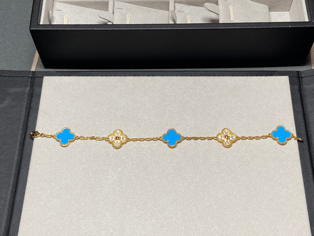 [Rose Jewelrys]CLOVER 5 MOTIF BLUE CHALCEDONY DIAMOND GOLD BRACELET